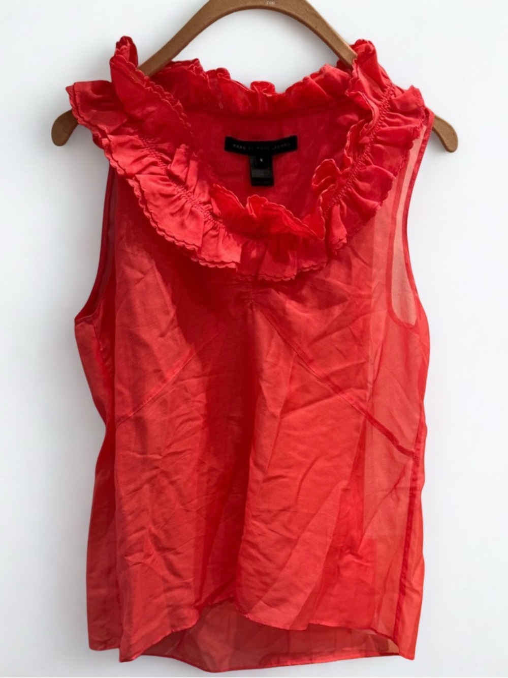 NWOT Marc by Marc Jacobs Coral Semi Sheer Ruffled Sleeveless Top, Size Small.